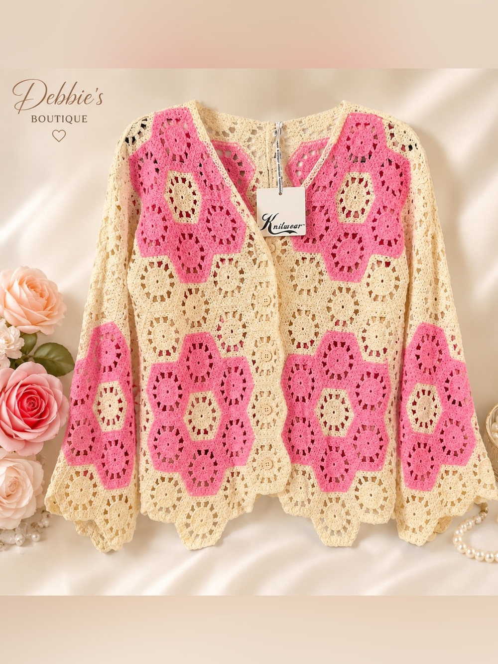 NWT Knitwear 100% Cotton Pink Cream Crochet Cardigan Boho One Size - Picture 4 of 5
